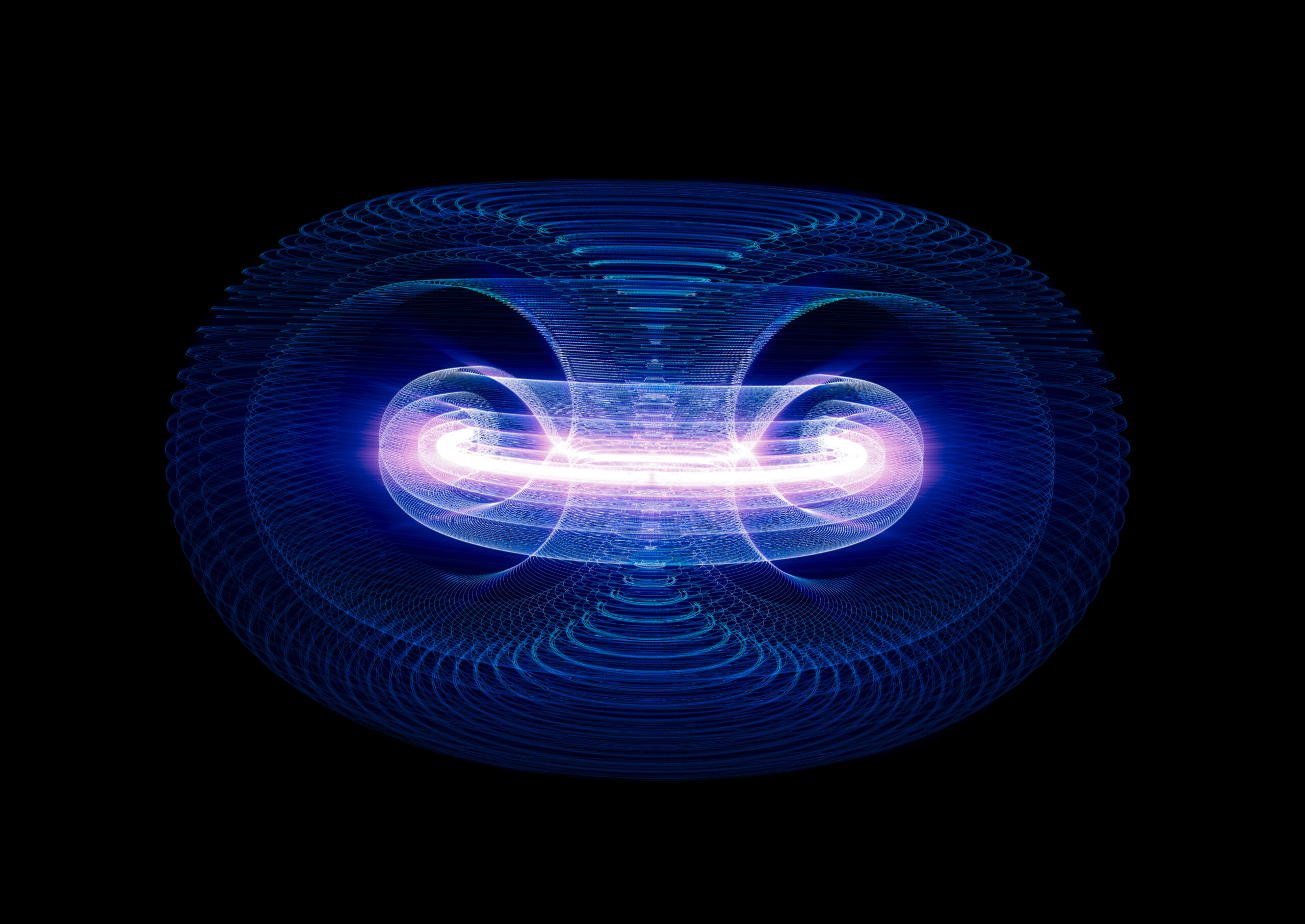 High Energy Particles Flow Through A Tokamak Or Doughnut Shaped Device. Antigravity, Magnetic Field, Nuclear Fusion, Gravitational Waves And Spacetime Concept